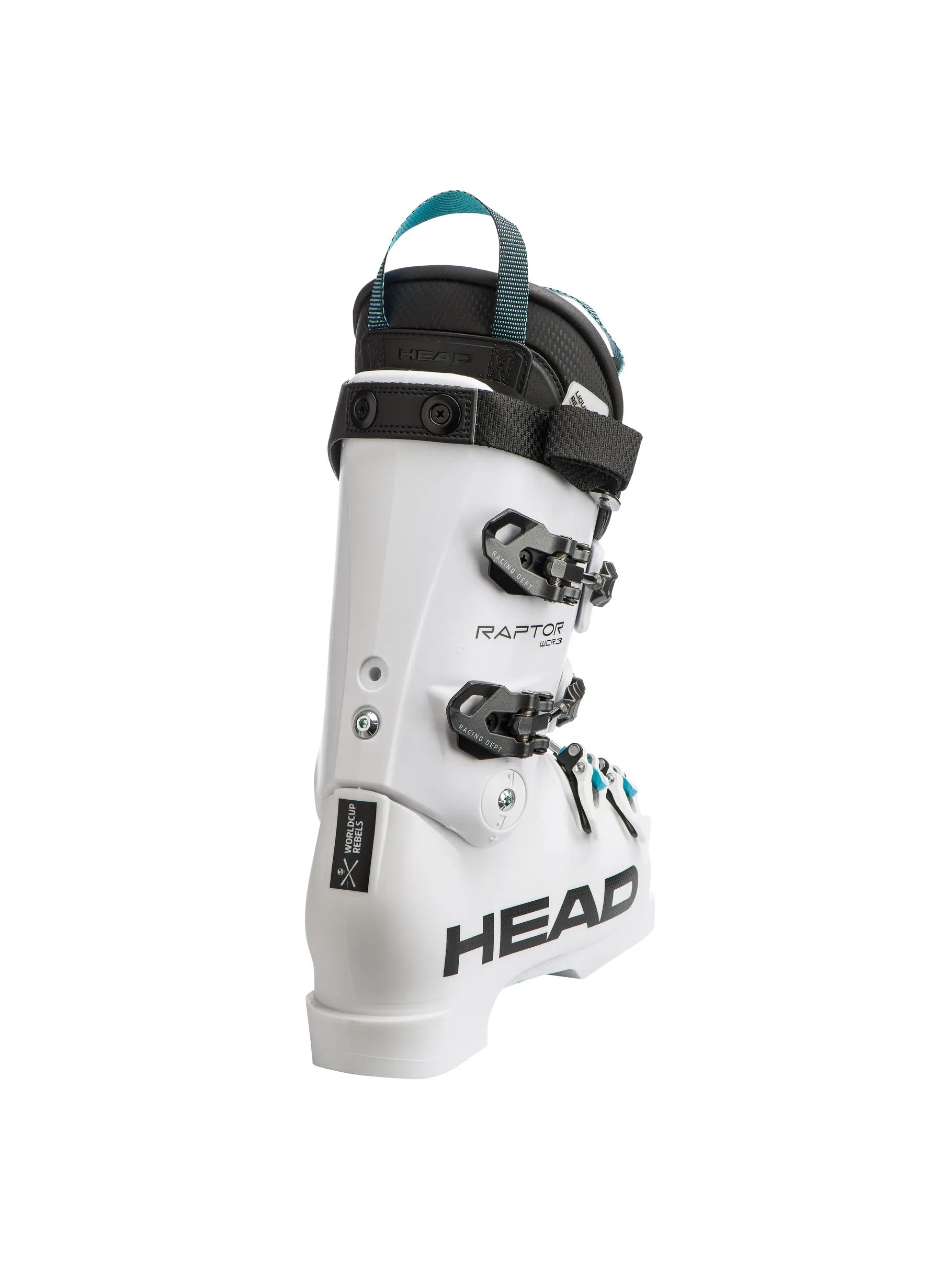 Der Head Raptor WCR 3 RV White 2026/2027 Skischuh von Head besticht durch sein weißes Design mit schwarzen Schnallen und Riemen, blauen Akzenten, HEAD Branding an der Ferse, einer Zugschlaufe und bietet Präzision auf Rennniveau.