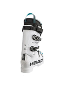 Der Head Raptor WCR 3 RV White 2026/2027 Skischuh von Head besticht durch sein weißes Design mit schwarzen Schnallen und Riemen, blauen Akzenten, HEAD Branding an der Ferse, einer Zugschlaufe und bietet Präzision auf Rennniveau.
