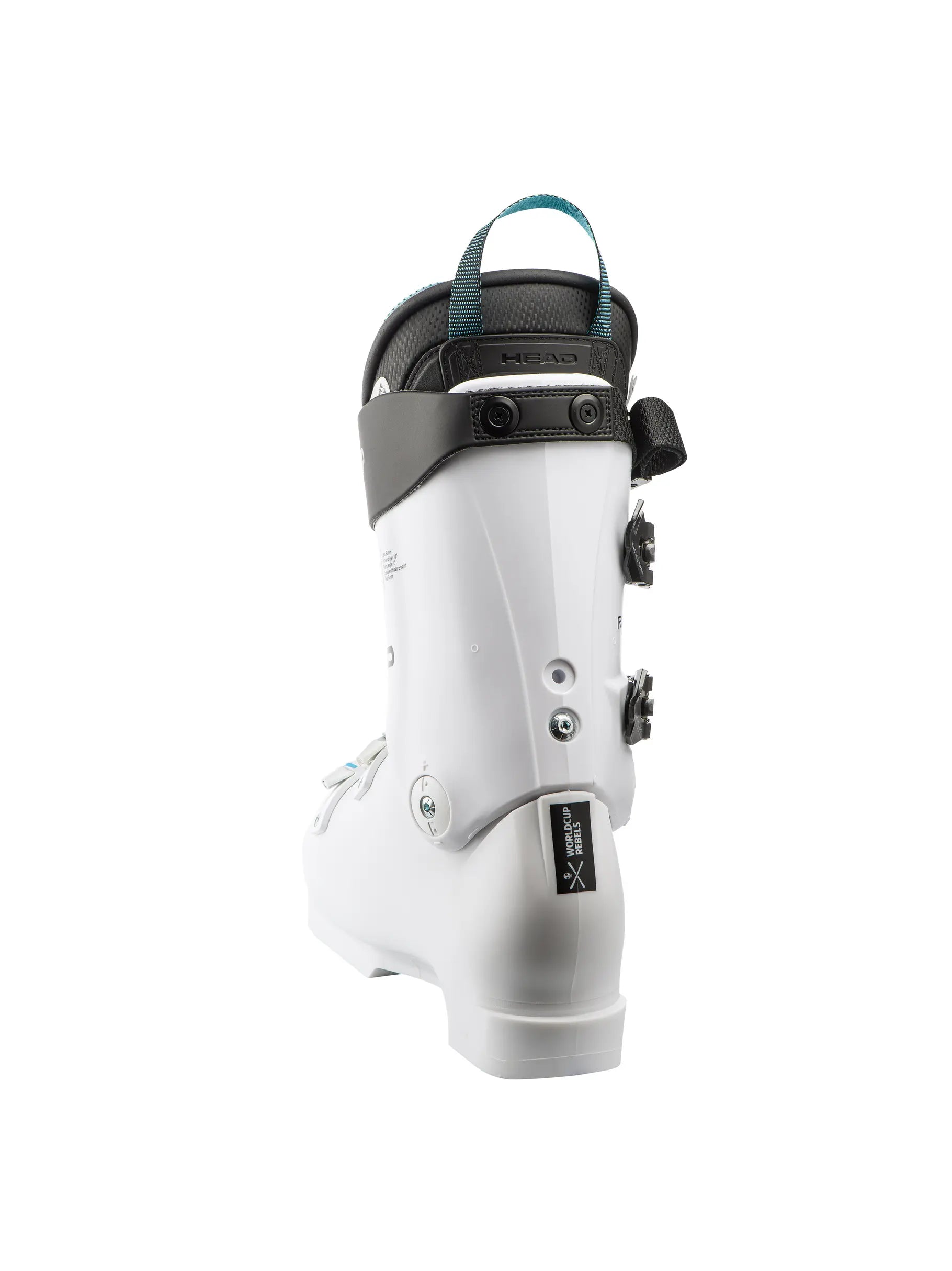Der Head Raptor WCR 3 RV White 2026/2027 Skischuh von Head ist von hinten abgebildet, mit schwarzen und grauen Akzenten, Metallschnallen, einem tealfarbenen Zugband oben und deutlich sichtbaren Sohlen- und Fersenbereichen.