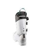 Der Head Raptor WCR 3 RV White 2026/2027 Skischuh von Head ist von hinten abgebildet, mit schwarzen und grauen Akzenten, Metallschnallen, einem tealfarbenen Zugband oben und deutlich sichtbaren Sohlen- und Fersenbereichen.