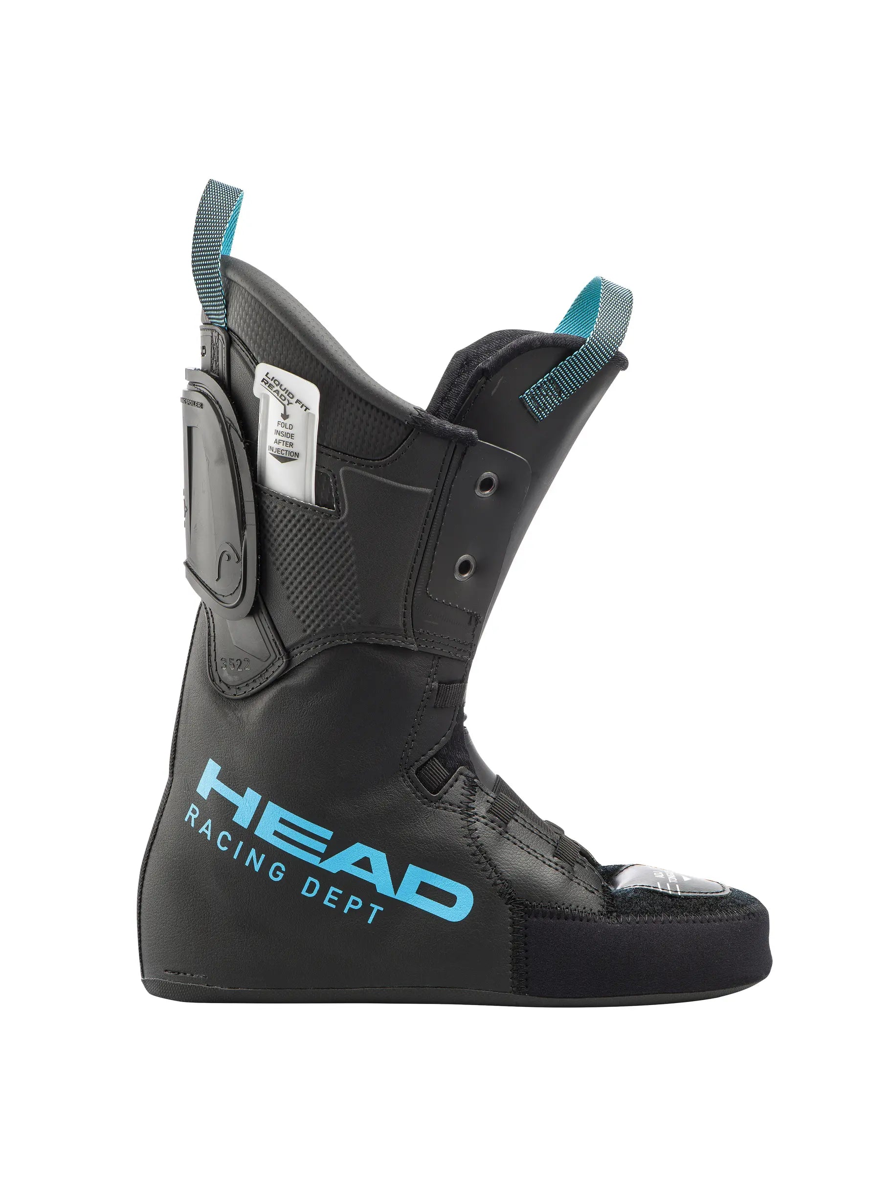 Ein schwarzer Head Skischuh-Innenschuh für den Head Raptor WCR 3 RV White 2026/2027, mit blauen und grauen Akzenten, einer Seitenansicht mit einer Zugschlaufe oben und einer stützenden Knöchelstruktur, die für Leistung auf Rennniveau entwickelt wurde.