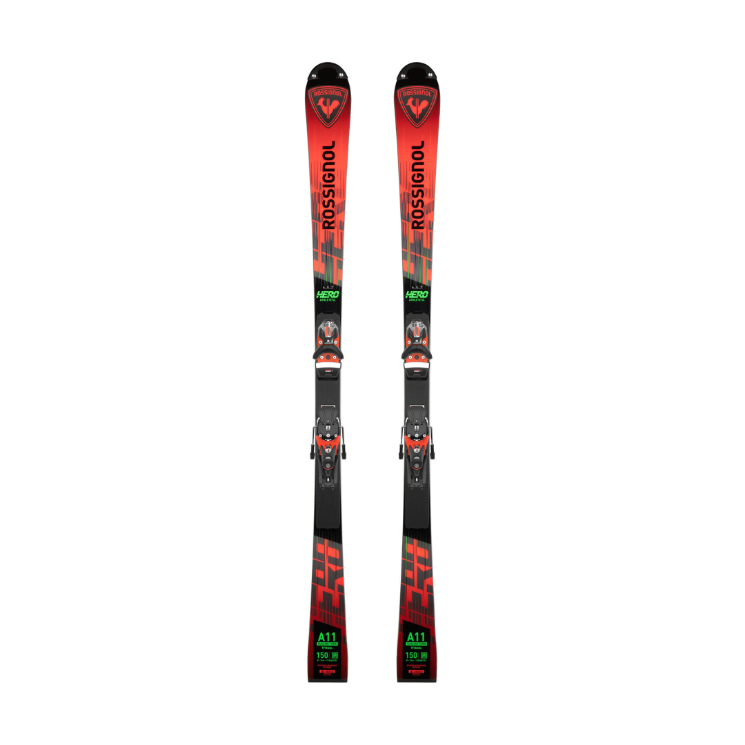 Rossignol Hero Athlete SL 150 Slalom Rennski mit SPX Bindung – Hochpräziser Slalomski für den alpinen Skirennsport in auffälligem Rot-Schwarz-Design mit grünem A11-Label.