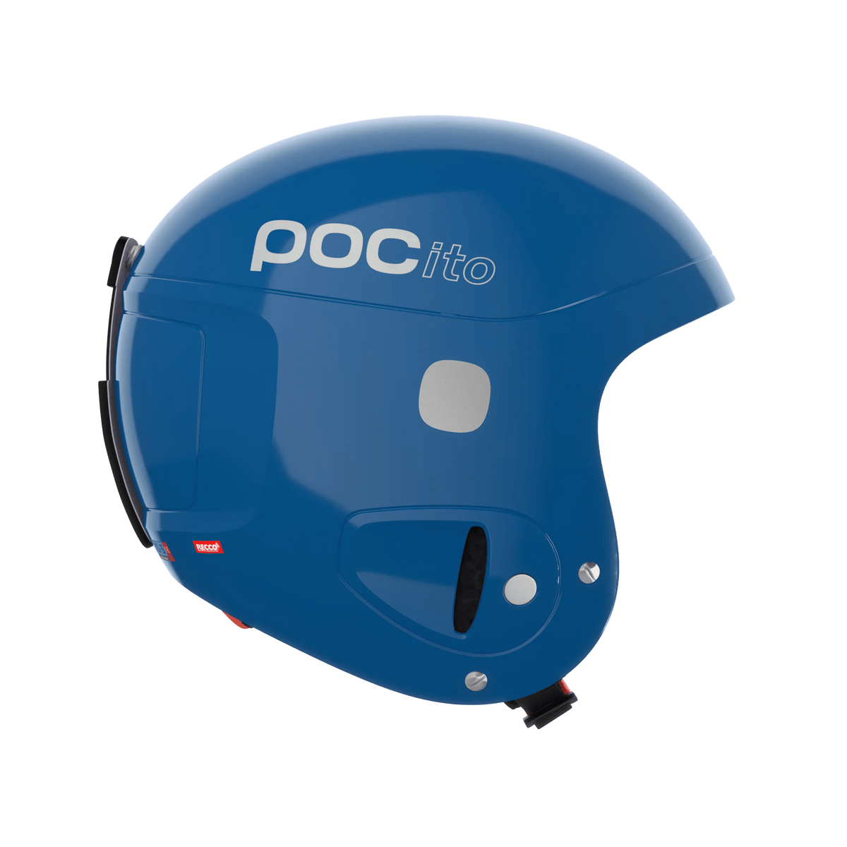 Der POC Sports POCito Skull ist ein blauer Ski- oder Snowboardhelm für Kinder mit dem Schriftzug "POCito" in weißer Schrift, Belüftungslöchern und einem Kinnriemen auf weißem Hintergrund.