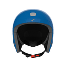 Frontansicht des POC Sports POCito Skull Helms in Blau mit schwarzer und grauer Innenpolsterung, einem verstellbaren schwarzen Kinnriemen und einer roten Schnalle.