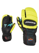 Ziener Skihandschuh in Fäustlingsform mit getrennter Fingerkammer – auffälliges Design in Schwarz, Gelb und Türkis, perfekter Schutz für Kinder im Rennsport.