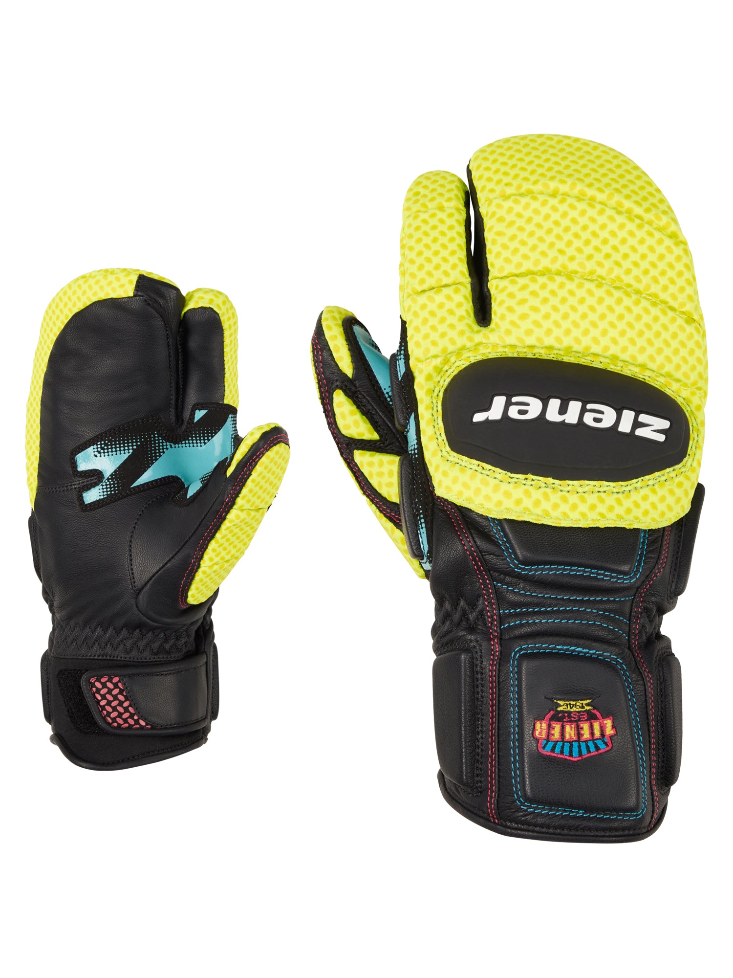 Ziener Skihandschuh in Fäustlingsform mit getrennter Fingerkammer – auffälliges Design in Schwarz, Gelb und Türkis, perfekter Schutz für Kinder im Rennsport.