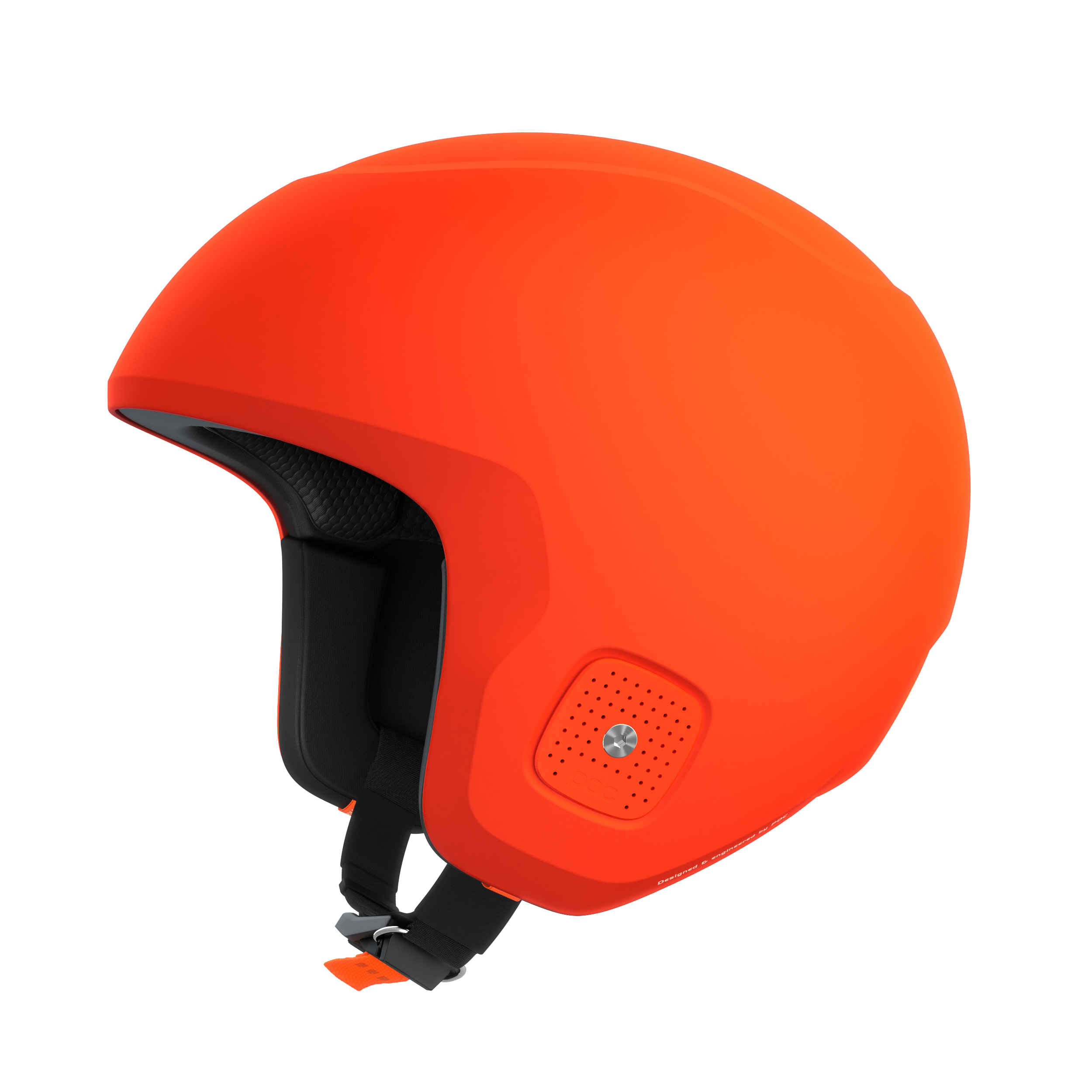 Leuchtend orangefarbener Integralhelm mit matter Oberfläche, schwarzer Innenpolsterung, einem Kinnriemen und einem kleinen integrierten Lüftungs- oder Lautsprecherbereich an der Seite. Der Helm ist vor einem schlichten, hellen Hintergrund abgebildet.