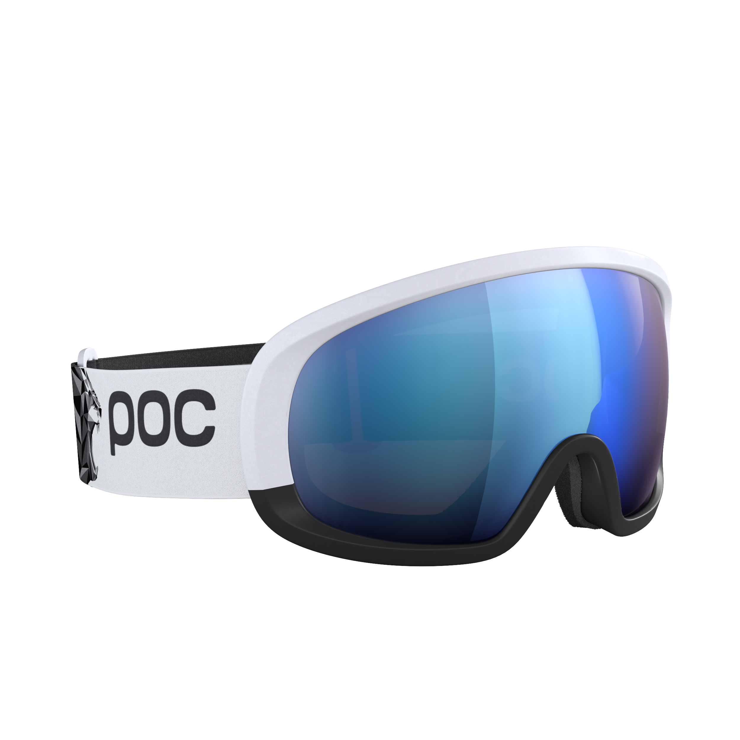 Weiße Skibrille mit schwarzem und weißem POC-Logo auf dem Band, mit großen, gewölbten, blau getönten Gläsern und schwarzem Nasensteg auf weißem Hintergrund.