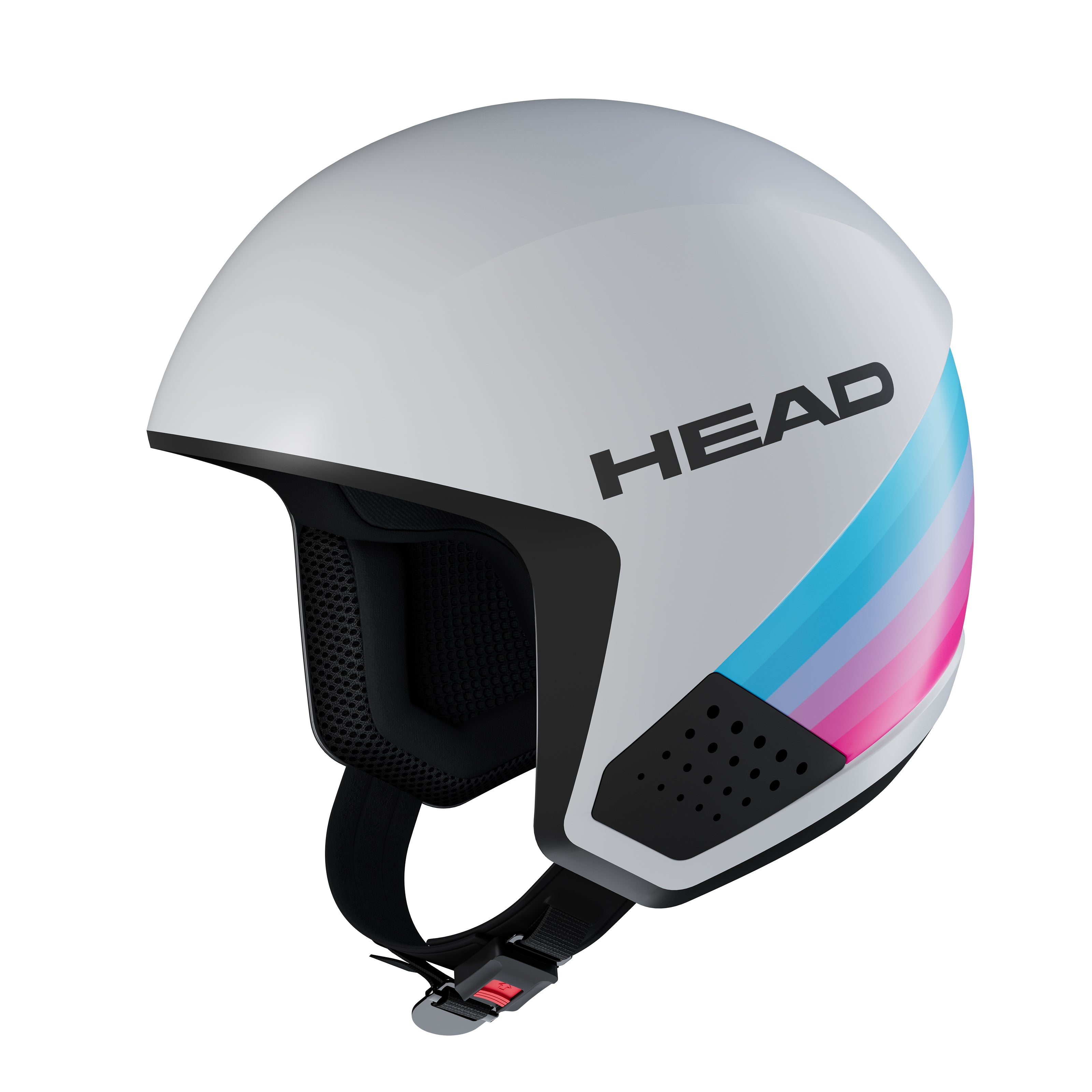 Ein weißer Skihelm mit schwarzem Besatz, einem schwarzen Kinnriemen und dem Wort HEAD in fetten schwarzen Buchstaben. An der Seite befinden sich blaue und rosa Farbverlaufsstreifen. Der Hintergrund ist einfarbig weiß.