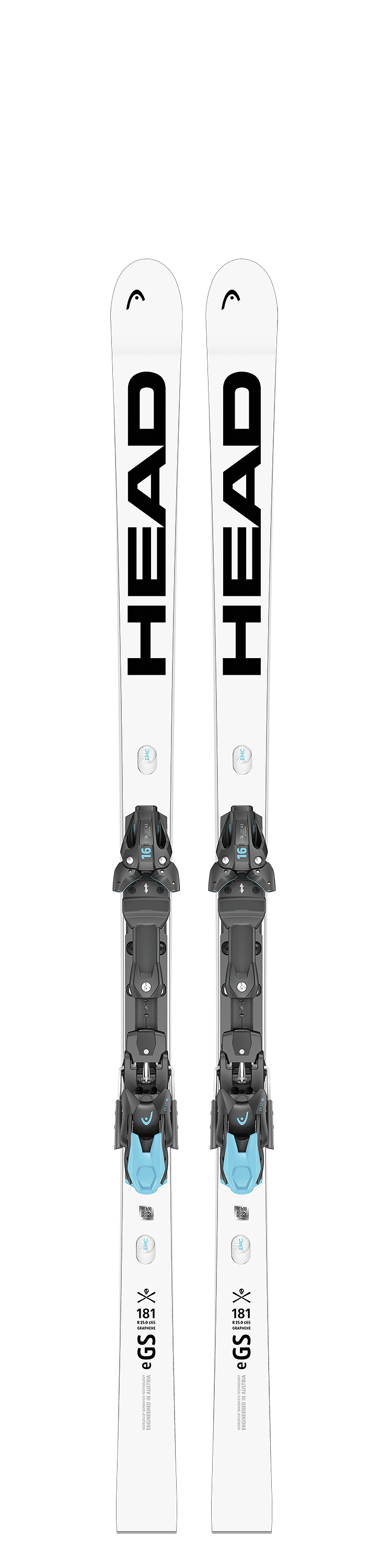 Ein Paar weiße Skier der Marke HEAD mit schwarzem Schriftzug, an denen schwarze und blaue Skibindungen befestigt sind, sind nebeneinander auf weißem Hintergrund abgebildet.