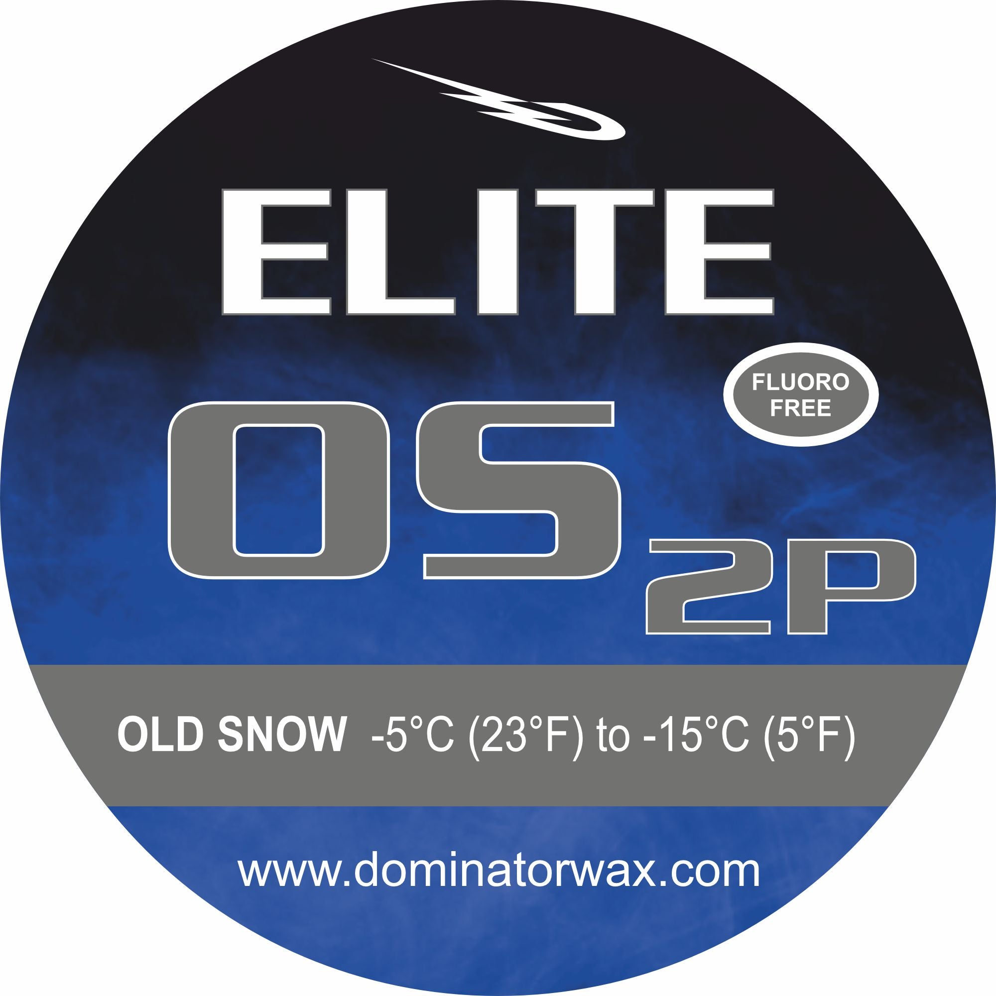 Rundes Etikett für Dominator Elite OS 2P Skiwachs, für Altschnee bei -5°C (23°F) bis -15°C (5°F); fluorfrei; Website: www.dominatorwax.com; blauer und schwarzer Hintergrund.