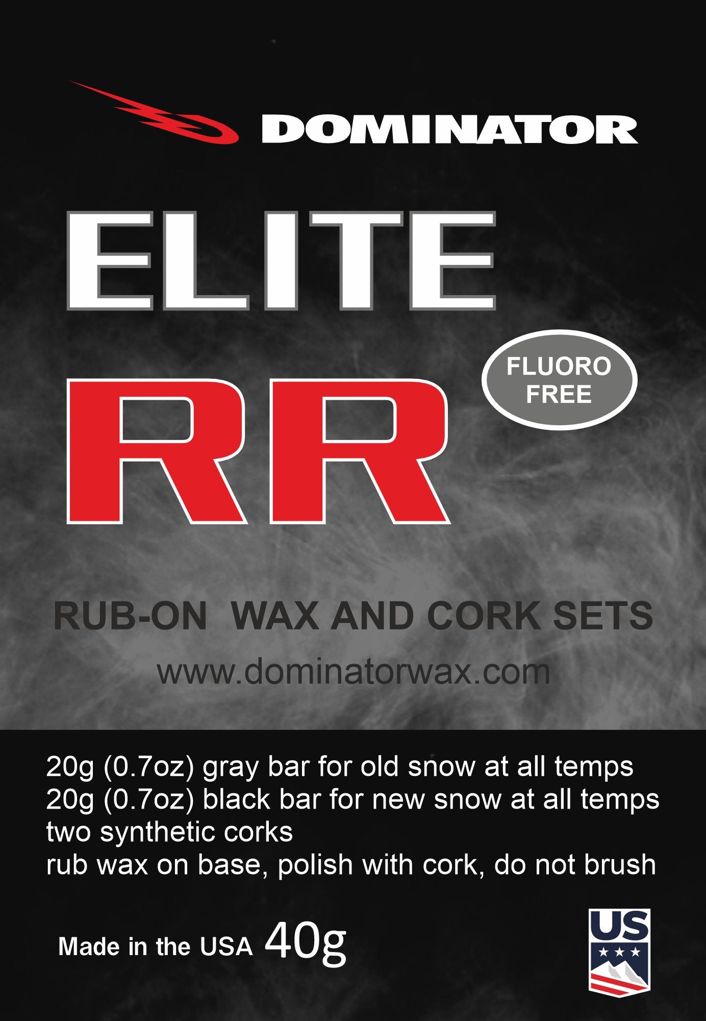Schwarze Anzeige für Dominator Elite RR Fluoro Free Wachs- und Kork-Sets zum Auftragen, mit rotem und weißem Text, Produktinformationen, Anweisungen und einem Logo des US Ski Teams unten rechts.