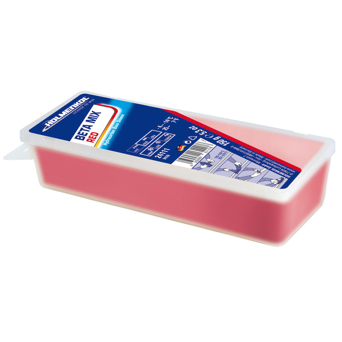 Ein rechteckiger Kunststoffbehälter mit roter Bodenmarkierungsfarbe Beta Mix mit blauem und rotem Etikett und Anwendungshinweisen auf dem Deckel. Die Farbe im Inneren erscheint rosarot.