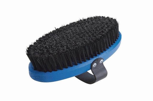 Eine ovale Kardätsche mit steifen schwarzen Borsten, einem blauen Sockel und einem schwarzen Trageriemen, abgebildet auf einem weißen Hintergrund.
