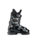 Ein schwarzer Nordica DOBERMANN GP 60 Junior Skischuh mit silbernen Schnallen, 60er Flex, hoher Knöchelmanschette und gepolsterter Zunge ist im Seitenprofil vor weißem Hintergrund abgebildet.