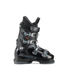 Ein schwarzer Nordica DOBERMANN GP 60 Junior Skischuh mit silbernen Schnallen, 60er Flex, hoher Knöchelmanschette und gepolsterter Zunge ist im Seitenprofil vor weißem Hintergrund abgebildet.