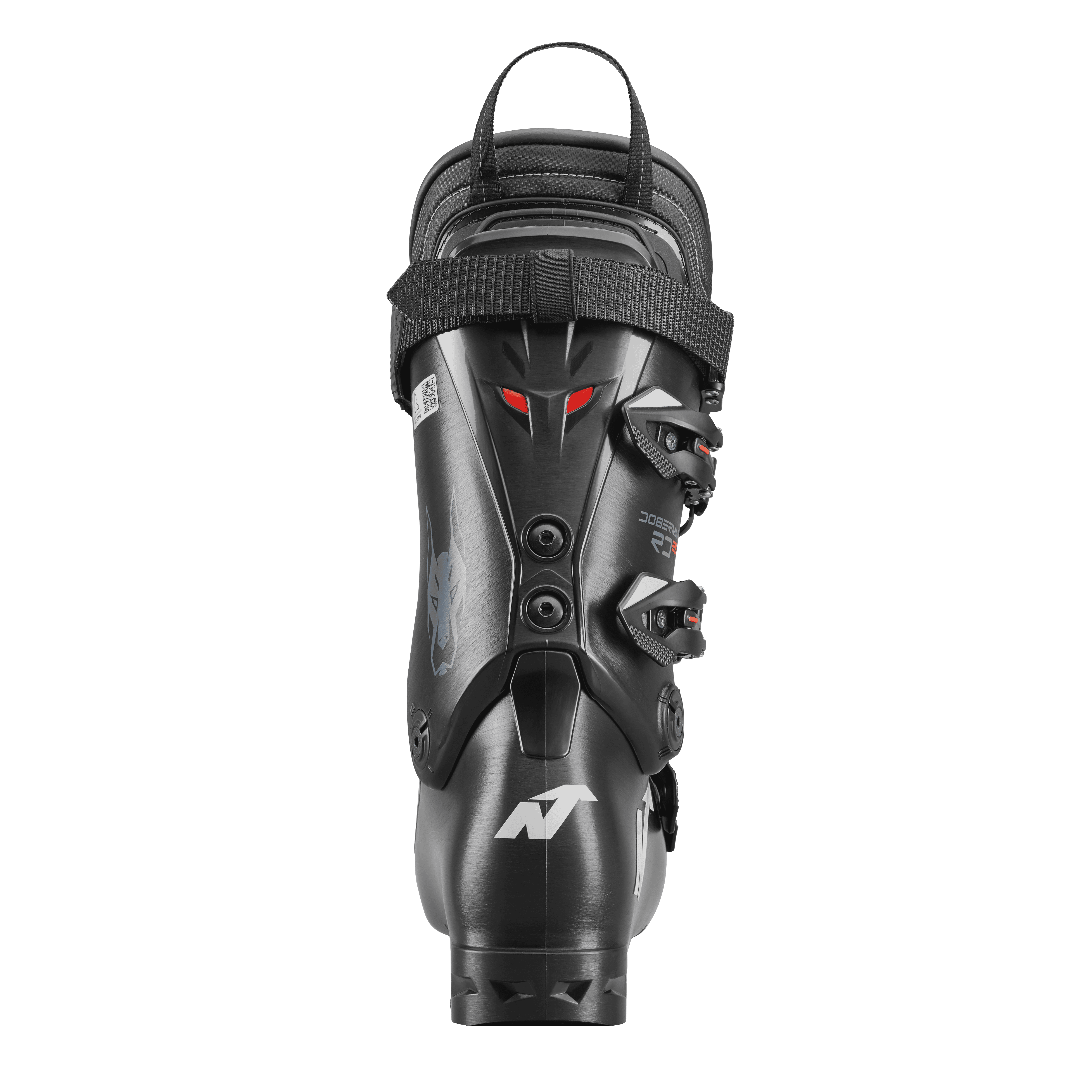 Ein schwarzer Nordica DOBERMANN 5 RD-93 EXTRA STIFF 2026/2027 Skischuh wird von hinten gezeigt, mit einer oberen Zugschlaufe, seitlichen Schnallen und einem auffälligen weißen N-Logo nahe der Ferse auf grauem Hintergrund.