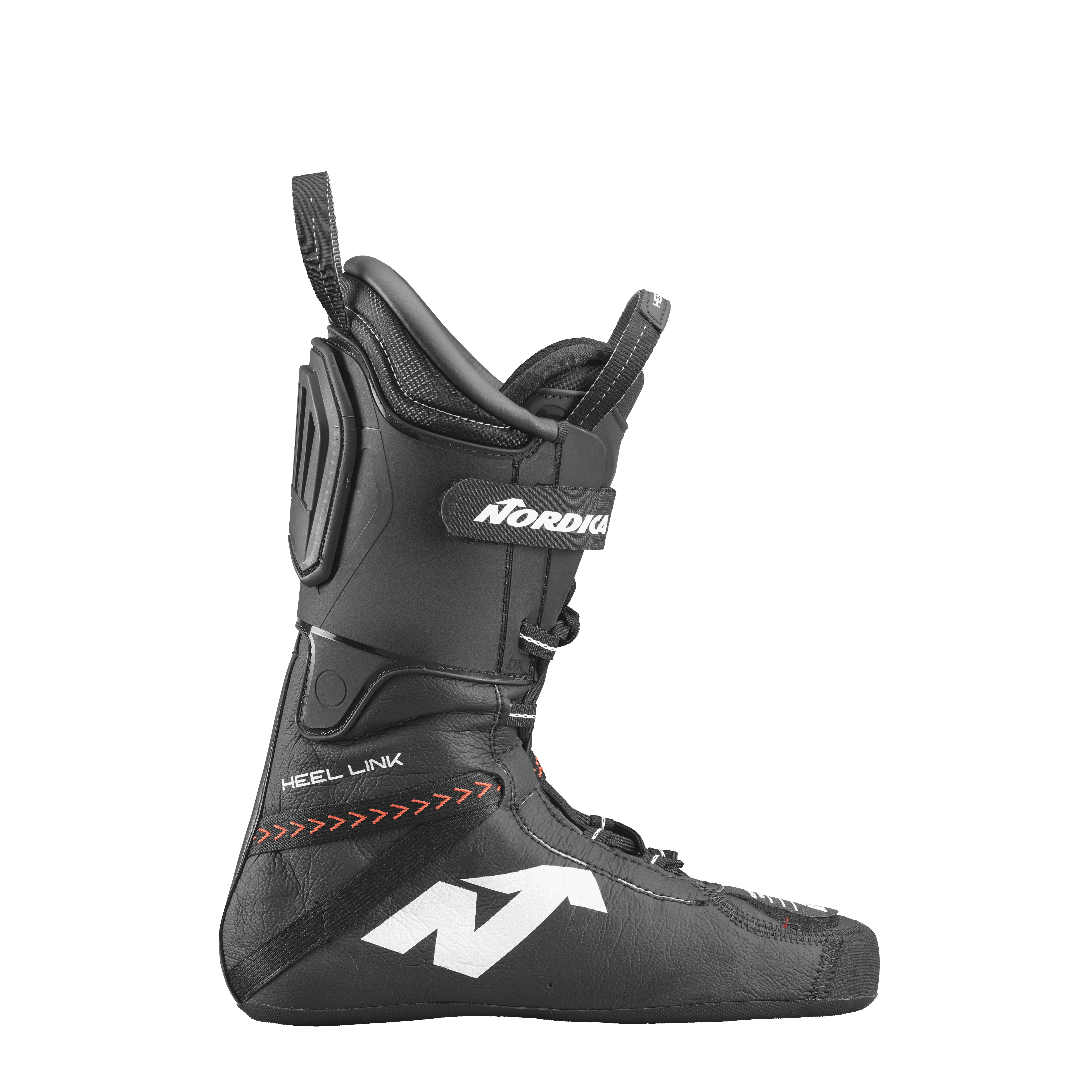 Ein schwarzer Nordica DOBERMANN 5 RD-93 EXTRA STIFF 2026/2027 Race-Boot-Innenschuh mit roten Nähten, einem weißen "N"-Logo an der Seite und einem hoch gepolsterten Knöchelbereich ist auf einem einfarbig weißen Hintergrund abgebildet. Marke: Nordica.