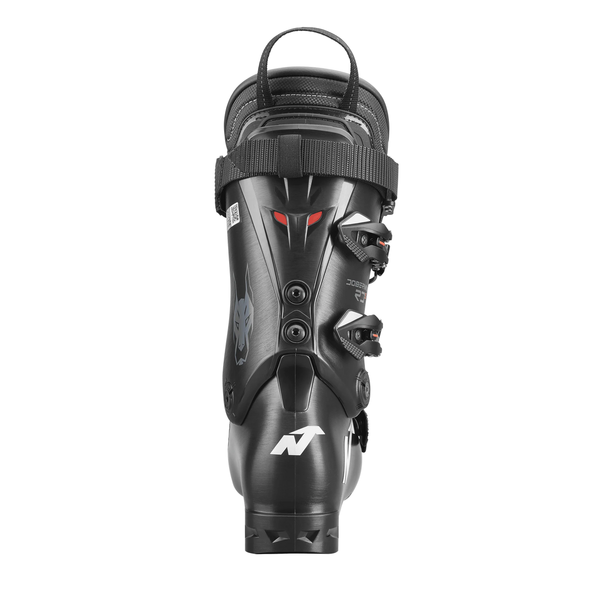 Rückansicht eines schwarzen Nordica DOBERMANN 5 RD-93 STIFF 2026/2027 Race Boot mit Schnallen, oberem Riemen, roten Akzenten, Wolfsgrafik an der Seite und weißem N-Logo an der Ferse vor weißem Hintergrund.