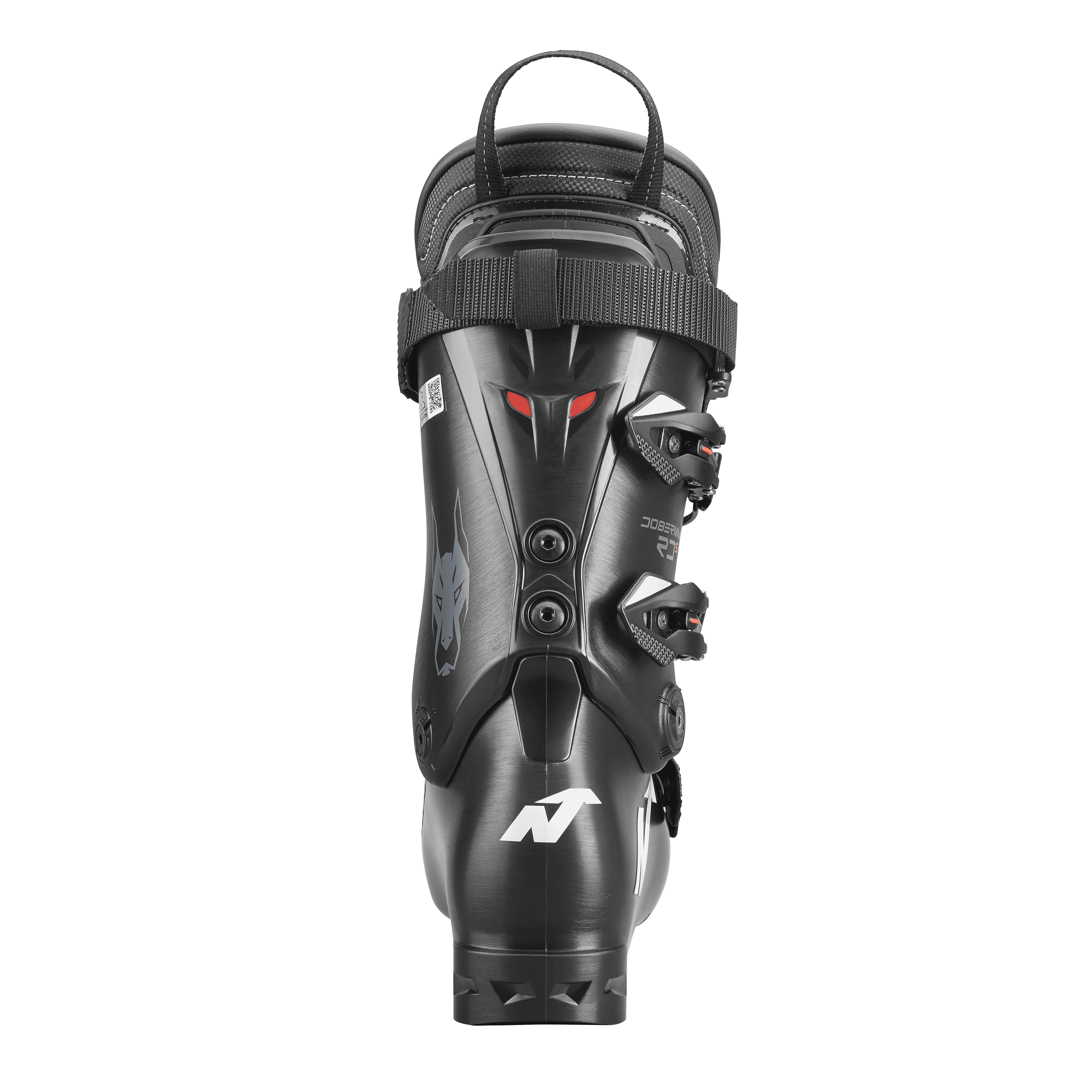 Rückansicht eines schwarzen Nordica DOBERMANN 5 RD-93 STIFF 2026/2027 Race Boot mit Schnallen, oberem Riemen, roten Akzenten, Wolfsgrafik an der Seite und weißem N-Logo an der Ferse vor weißem Hintergrund.