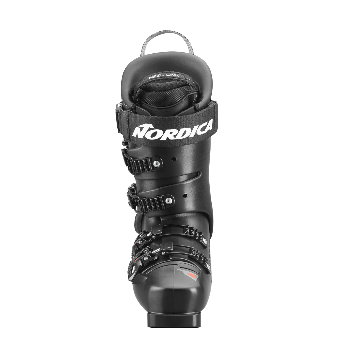 Der Nordica DOBERMANN 5 RD-93 STIFF 2026/2027 Skischuh in Schwarz ist von vorne zu sehen. Er hat verstellbare Schnallen, einen Klettverschluss und ein auffälliges weißes Nordica-Branding auf der Manschette vor einem schlichten weißen Hintergrund.