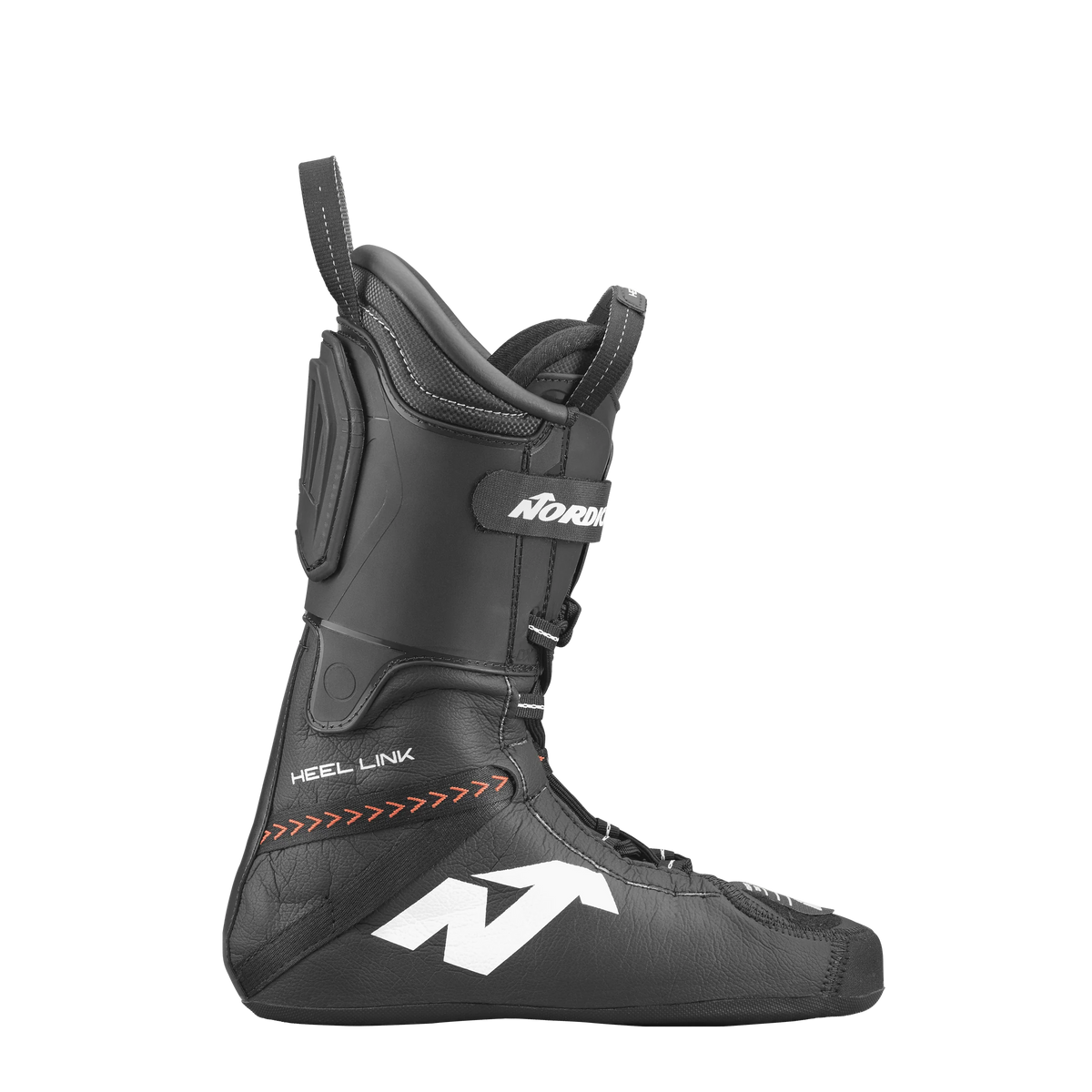 Der Nordica DOBERMANN 5 RD-93 STIFF 2026/2027 Skischuh-Innenschuh in Schwarz hat ein weißes N-Logo, ein HEEL LINK-Label, rote Chevron-Akzente, eine hohe Knöchelpolsterung und einen oberen Riemen für die Race-Performance - dargestellt auf einem schlichten Hintergrund.