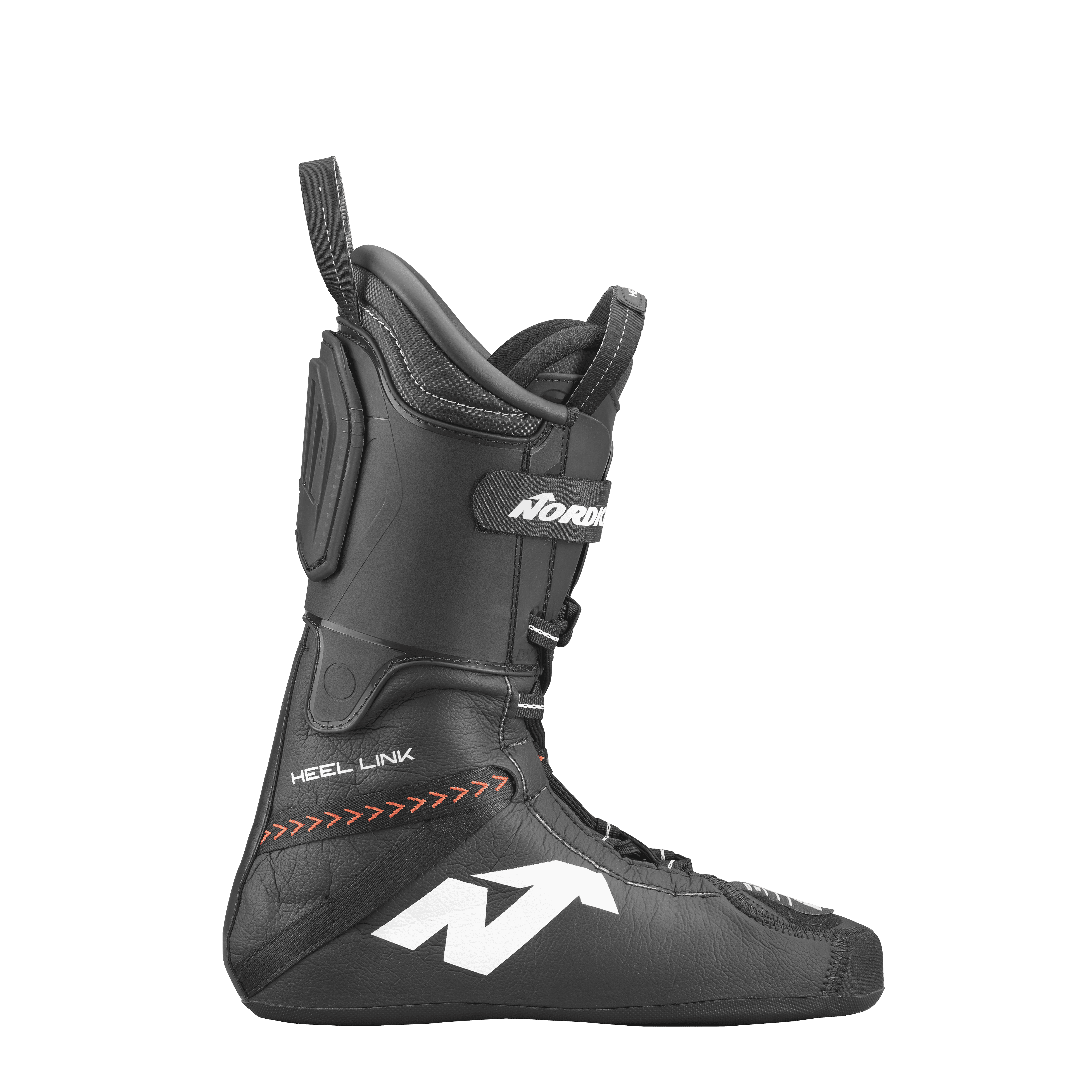 Der Nordica DOBERMANN 5 RD-93 STIFF 2026/2027 Skischuh-Innenschuh in Schwarz hat ein weißes N-Logo, ein HEEL LINK-Label, rote Chevron-Akzente, eine hohe Knöchelpolsterung und einen oberen Riemen für die Race-Performance - dargestellt auf einem schlichten Hintergrund.