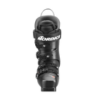 Ein schwarzer Nordica DOBERMANN 5 RD-93 MEDIUM 2026/2027 Rennstiefel wird von vorne gezeigt, mit drei verstellbaren Schnallen, einem oberen Power Strap und einem weißen Nordica Logo auf der Vorderseite.