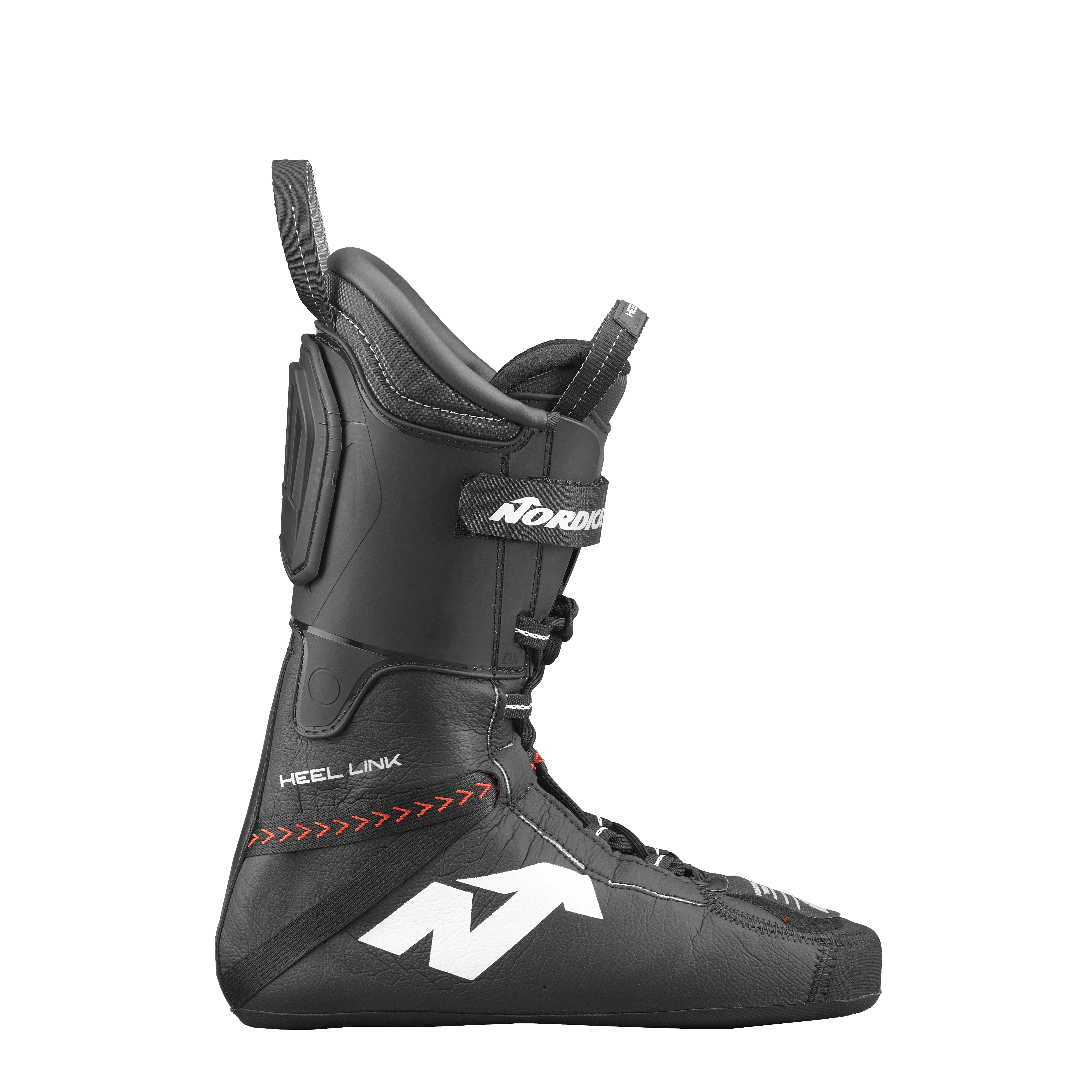 Der Nordica DOBERMANN 5 RD-93 MEDIUM 2026/2027 ist ein schwarzer Innenschuh mit hohem Knöchel, roten Nähten, "HEEL LYNX"-Schriftzug und einem großen weißen N-Logo an der Seite, abgebildet in Profilansicht auf weißem Hintergrund.