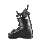Ein schwarzer Nordica DOBERMANN 5 RD-93 SOFT L.C. 2026/2027 Rennschuh mit drei verstellbaren Schnallen und einem Klettverschluss, mit einem Wolfslogo und Branding an der Seite, im Profil auf weißem Hintergrund dargestellt.