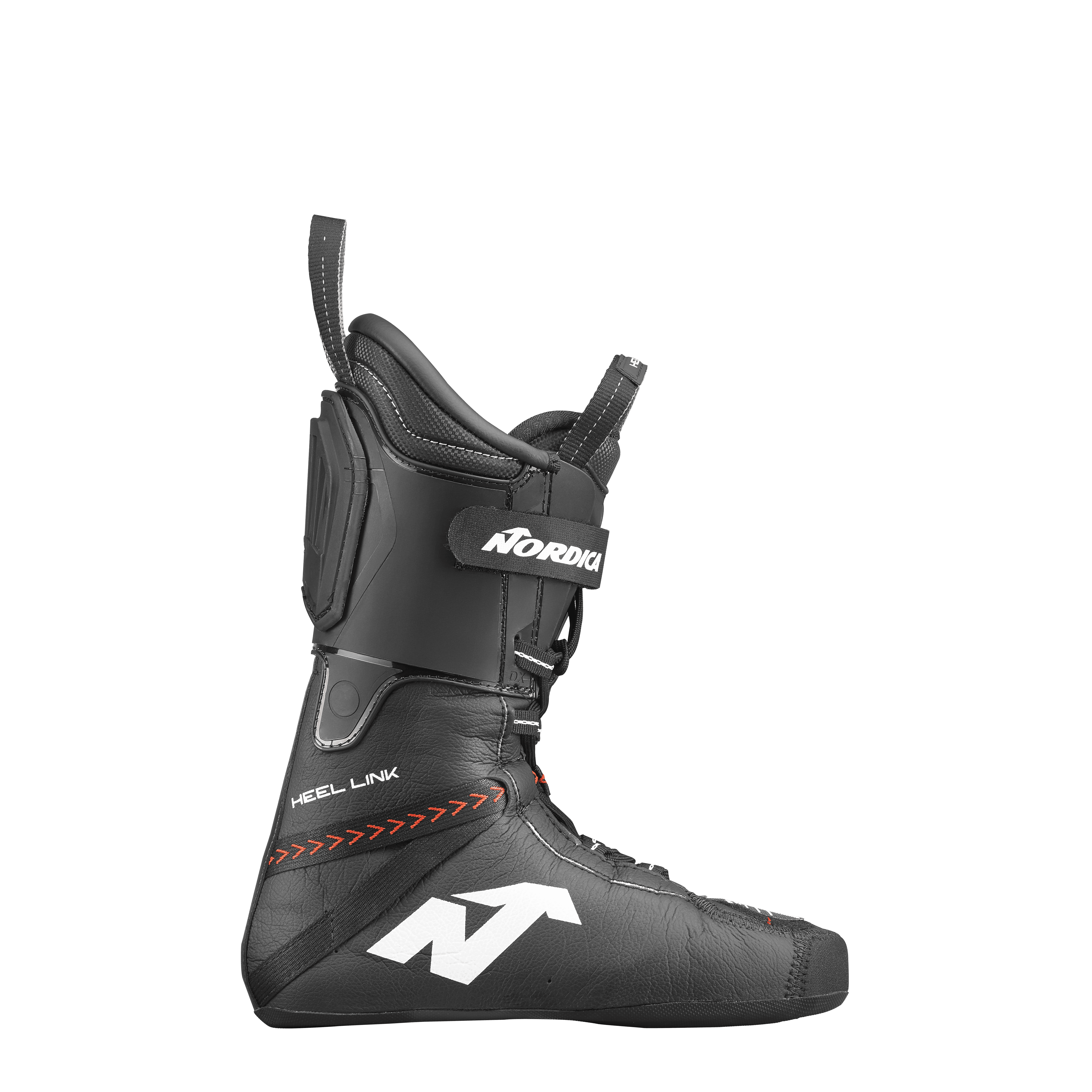 Ein schwarzer Nordica DOBERMANN 5 RD-93 SOFT L.C. 2026/2027 Skischuh-Innenschuh mit hoher Manschette, Fersenlasche, Klettverschluss und weißem Nordica-Logo an der Seite, entworfen für die Race Boot Serie und abgebildet auf einem schlichten weißen Hintergrund.