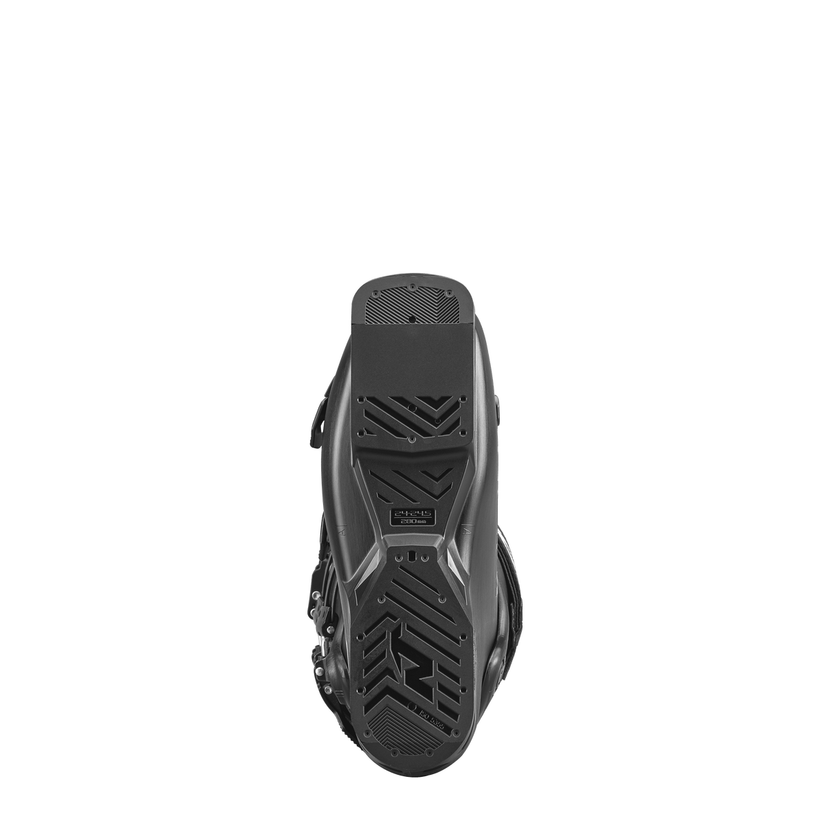 Ein schwarzer Nordica DOBERMANN 5 RD-93 SOFT L.C. 2026/2027 Stiefel wird von unten gezeigt, wobei detaillierte Laufflächenmuster, Griffstrukturen und ein kleines rechteckiges Etikett in der Mitte der Sohle vor einem schlichten weißen Hintergrund hervorgehoben werden.