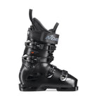 Der Nordica DOBERMANN 5 M L.C., ein schwarzer Rennskischuh mit vier Metallschnallen, einer hohen, verstärkten Manschette und dem Schriftzug "Nordica" auf dem Riemen, ist von der Seite vor weißem Hintergrund dargestellt.