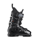 Der Nordica DOBERMANN 5 M L.C. ist ein schwarzer Rennskischuh mit mehrfach verstellbaren Schnallen und Riemen, mit der Marke Nordica auf dem Riemen und an der Seite, entwickelt für Spitzenleistungen im Skischuh Weltcup.