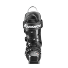 Der Nordica DOBERMANN 5 96 L.C. MEDIUM 2026/2027 Skischuh in Schwarz ist von vorne abgebildet und verfügt über drei Schnallen und einen Klettverschluss im oberen Bereich mit dem weißen Nordica-Logo.