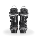Ein Paar schwarze Nordica DOBERMANN 5 96 L.C. MEDIUM 2026/2027 Skischuhe, die von vorne gezeigt werden, mit mehreren Schnallen und weißen Nordica-Logos auf den Riemen, vor einem schlichten weißen Hintergrund.