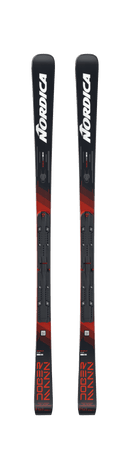 Ein Paar Nordica DOBERMANN GSJ PLATE 2026/2027 Skier in schwarz mit roten Akzenten, fetten weißen Nordica Logos an den Spitzen und DOBERMANN in der Nähe der Schwänze. Diese Junior Riesenslalom Skier kommen mit Bindungen und sind nebeneinander abgebildet.