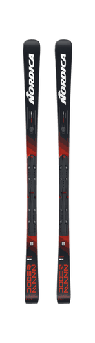 Ein Paar Nordica DOBERMANN GSJ PLATE 2026/2027 Skier in schwarz mit roten Akzenten, fetten weißen Nordica Logos an den Spitzen und DOBERMANN in der Nähe der Schwänze. Diese Junior Riesenslalom Skier kommen mit Bindungen und sind nebeneinander abgebildet.