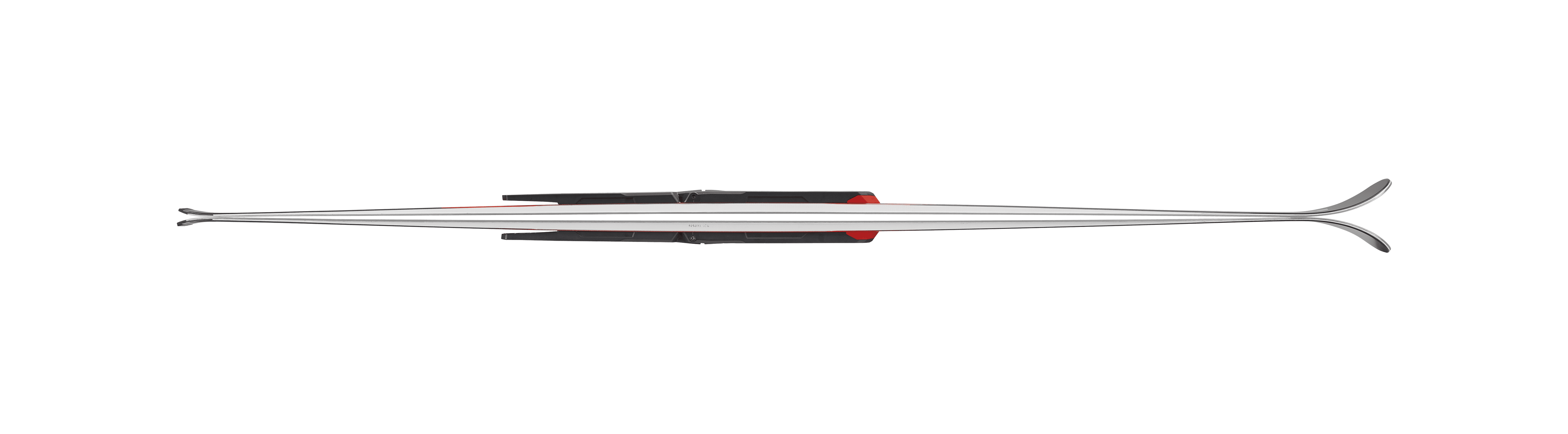 Ein Paar S.F. Sports Nordica DOBERMANN GSJ PLATE 2026/2027 Skier mit Bindungen, von oben gesehen auf einem weißen Hintergrund. Die Skier sind hauptsächlich weiß mit schwarzen und roten Akzenten in der Nähe der Bindungen.