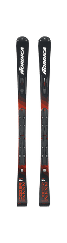 Ein Paar Nordica DOBERMANN SLJ PLATE 2026/2027 Skier, schwarz mit roten und grauen Akzenten und Bindungen, nebeneinander auf weißem Hintergrund - perfekt für Nachwuchsrennsport oder Fans von Junior Slalom Rennski.