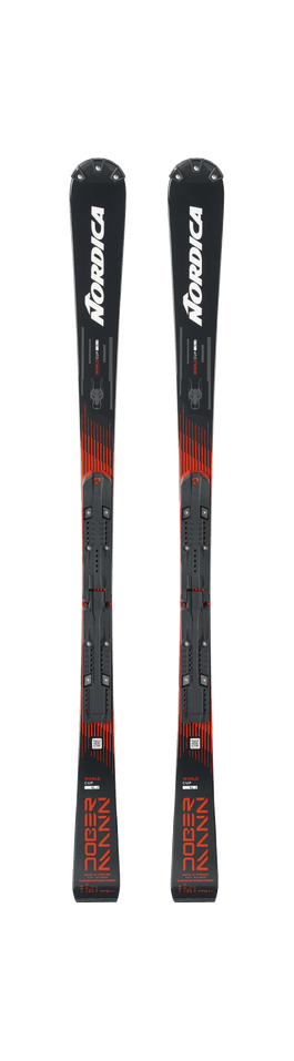 Ein Paar Nordica DOBERMANN SLJ PLATE 2026/2027 Skier, schwarz mit roten und grauen Akzenten und Bindungen, nebeneinander auf weißem Hintergrund - perfekt für Nachwuchsrennsport oder Fans von Junior Slalom Rennski.