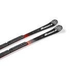 Ein Paar Nordica DOBERMANN SLJ PLATE 2026/2027 Junior-Slalom-Ski mit schwarzem, rotem und weißem Design, weißem Nordica-Logo in der Nähe der Spitzen und angebrachten schwarzen Bindungen - ideal für den Nachwuchsrennsport - auf einem schlichten weißen Hintergrund.