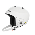 Der POC Sports Poc Artic SL Mips ist ein weißer Slalomhelm mit MIPS Integra, Maxilla Breakaway Kinnschutz, Belüftungslöchern und einer schwarz gepolsterten Innenausstattung auf einem schlichten hellen Hintergrund.
