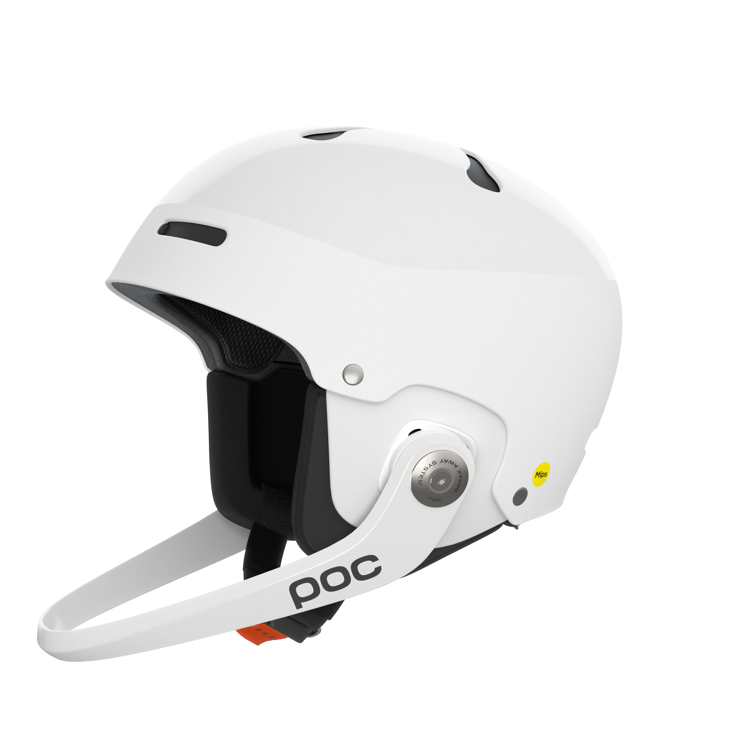 Der POC Sports Poc Artic SL Mips ist ein weißer Slalomhelm mit MIPS Integra, Maxilla Breakaway Kinnschutz, Belüftungslöchern und einer schwarz gepolsterten Innenausstattung auf einem schlichten hellen Hintergrund.