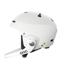 Der Poc Artic SL Mips von POC Sports ist ein weißer Slalomhelm mit Maxilla Breakaway Kinnschutz, abnehmbarem Visier, Belüftungslöchern, Einstellrad und MIPS Integra-Logo, das sich im Profil auf einem schlichten hellgrauen Hintergrund abzeichnet.