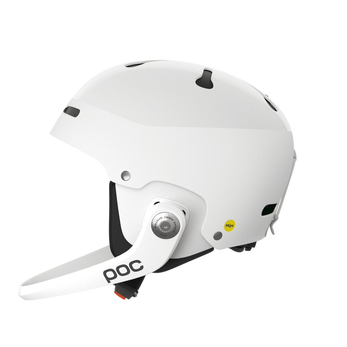 Der Poc Artic SL Mips von POC Sports ist ein weißer Slalomhelm mit Maxilla Breakaway Kinnschutz, abnehmbarem Visier, Belüftungslöchern, Einstellrad und MIPS Integra-Logo, das sich im Profil auf einem schlichten hellgrauen Hintergrund abzeichnet.