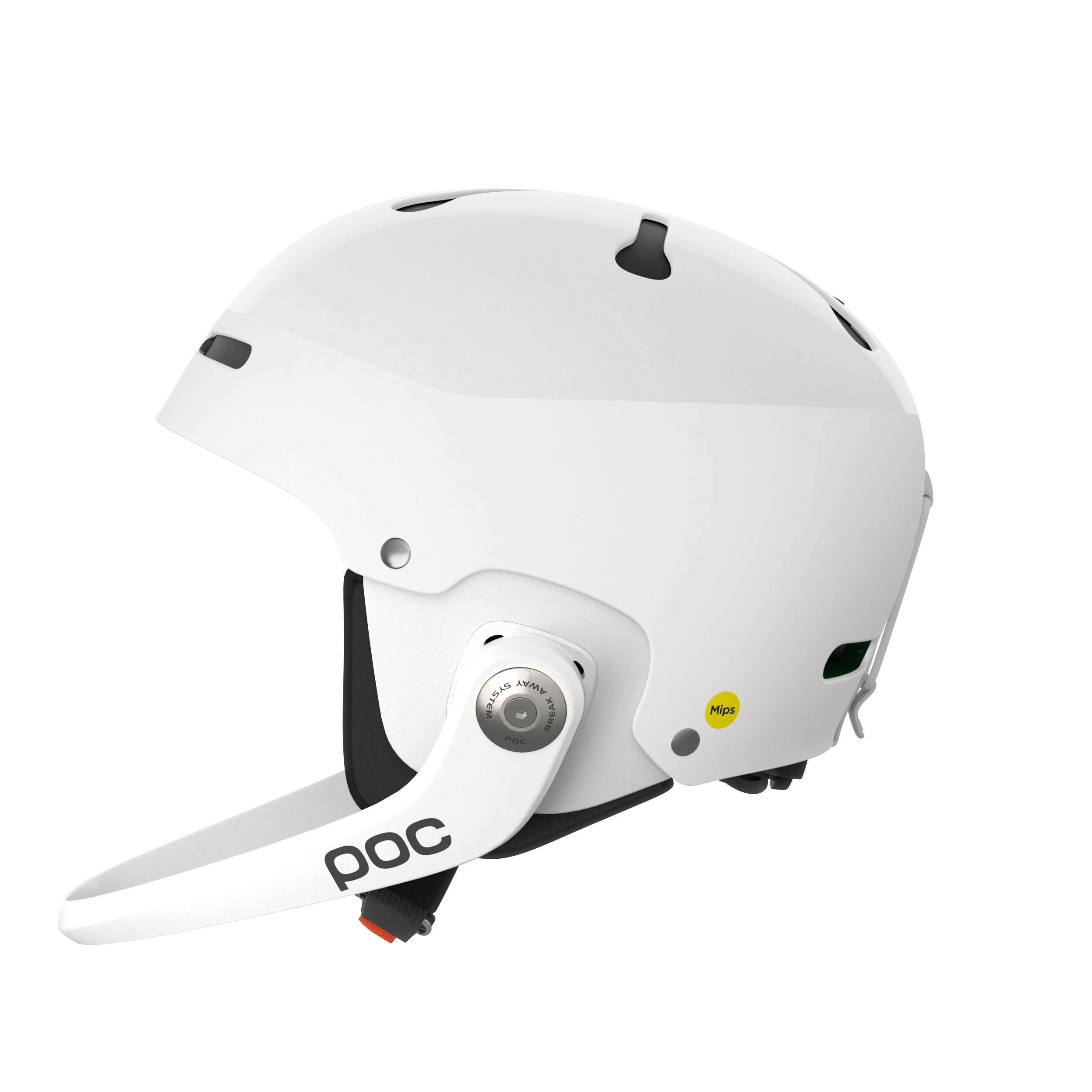 Der Poc Artic SL Mips von POC Sports ist ein weißer Slalomhelm mit Maxilla Breakaway Kinnschutz, abnehmbarem Visier, Belüftungslöchern, Einstellrad und MIPS Integra-Logo, das sich im Profil auf einem schlichten hellgrauen Hintergrund abzeichnet.
