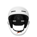 Der POC Sports Poc Artic SL Mips ist ein weißer Slalomhelm von vorne gesehen, mit schwarzer Innenpolsterung, mehreren Belüftungsöffnungen und einem schwarzen Kinnriemen mit orangefarbener Schnalle. Er ist kompatibel mit dem Maxilla Breakaway Kinnschutz für zusätzliche Sicherheit.