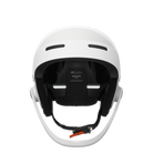 Der POC Sports Poc Artic SL Mips ist ein weißer Slalomhelm von vorne gesehen, mit schwarzer Innenpolsterung, mehreren Belüftungsöffnungen und einem schwarzen Kinnriemen mit orangefarbener Schnalle. Er ist kompatibel mit dem Maxilla Breakaway Kinnschutz für zusätzliche Sicherheit.
