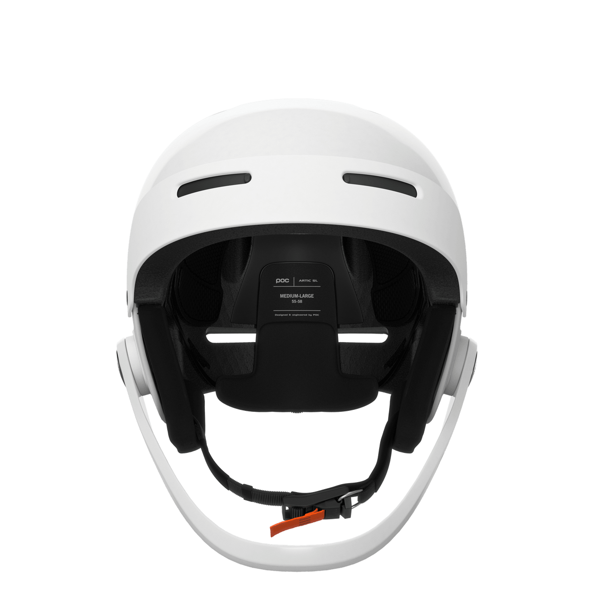 Der POC Sports Poc Artic SL Mips ist ein weißer Slalomhelm von vorne gesehen, mit schwarzer Innenpolsterung, mehreren Belüftungsöffnungen und einem schwarzen Kinnriemen mit orangefarbener Schnalle. Er ist kompatibel mit dem Maxilla Breakaway Kinnschutz für zusätzliche Sicherheit.
